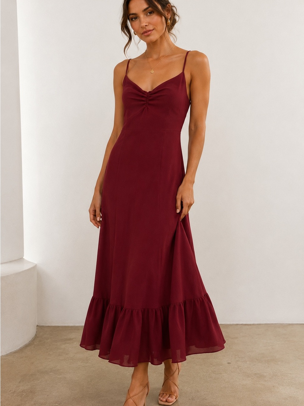 Reformation Burgundy Midi Dress Size 0 Smocked Back Ruffle Hem